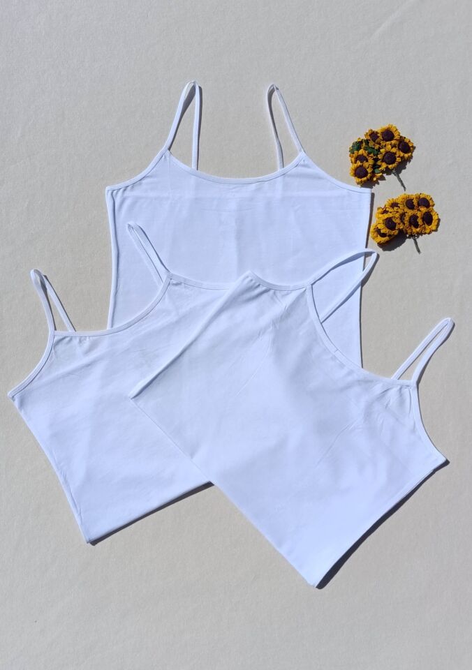 3'lü Basic İp Askı Likralı Beyaz Kadın Atlet