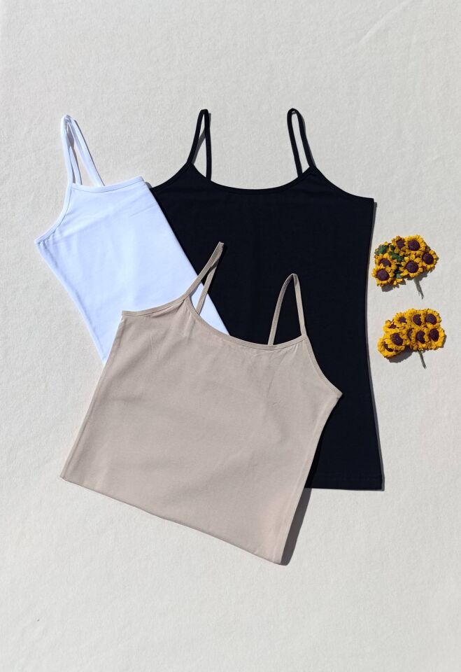 3'lü Basic İp Askı Likralı Siyah, Beyaz, Ten Rengi Kadın Atlet