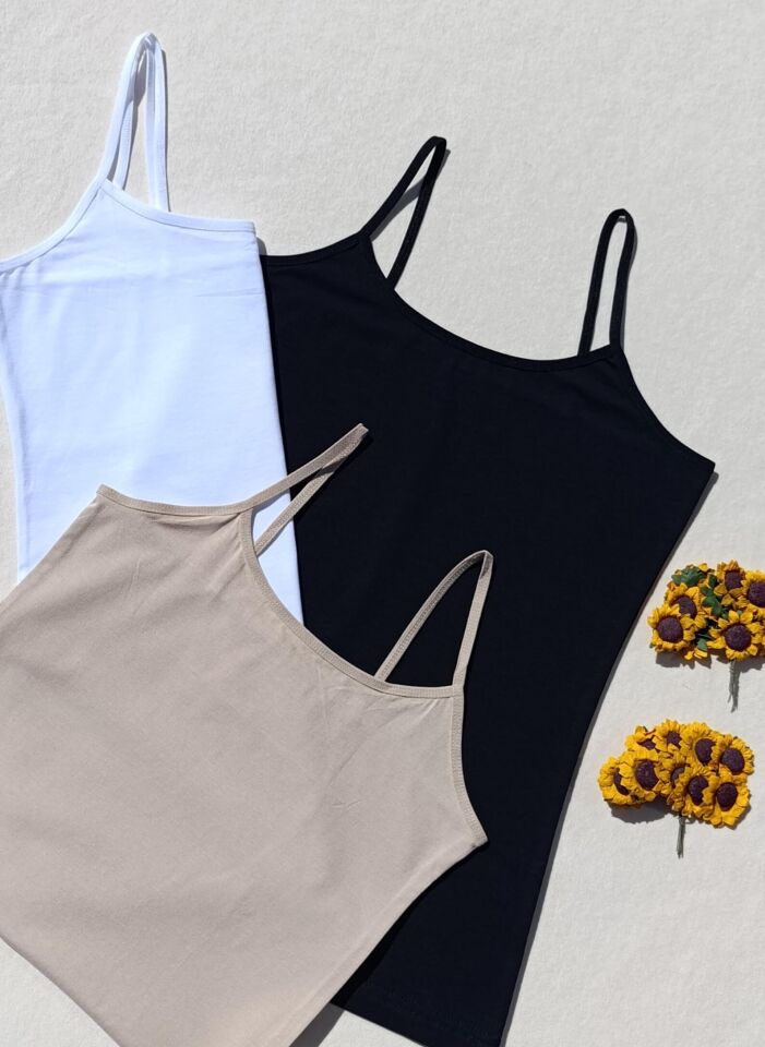 3'lü Basic İp Askı Likralı Siyah, Beyaz, Ten Rengi Kadın Atlet