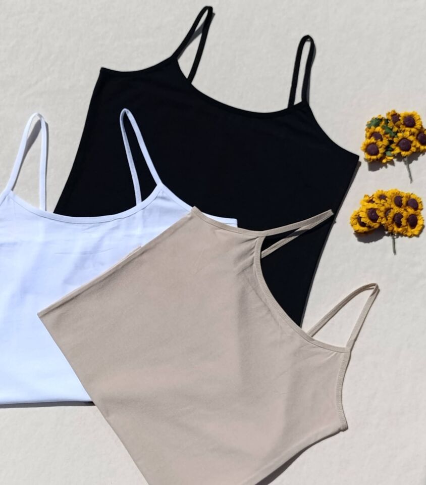 3'lü Basic İp Askı Likralı Siyah, Beyaz, Ten Rengi Kadın Atlet