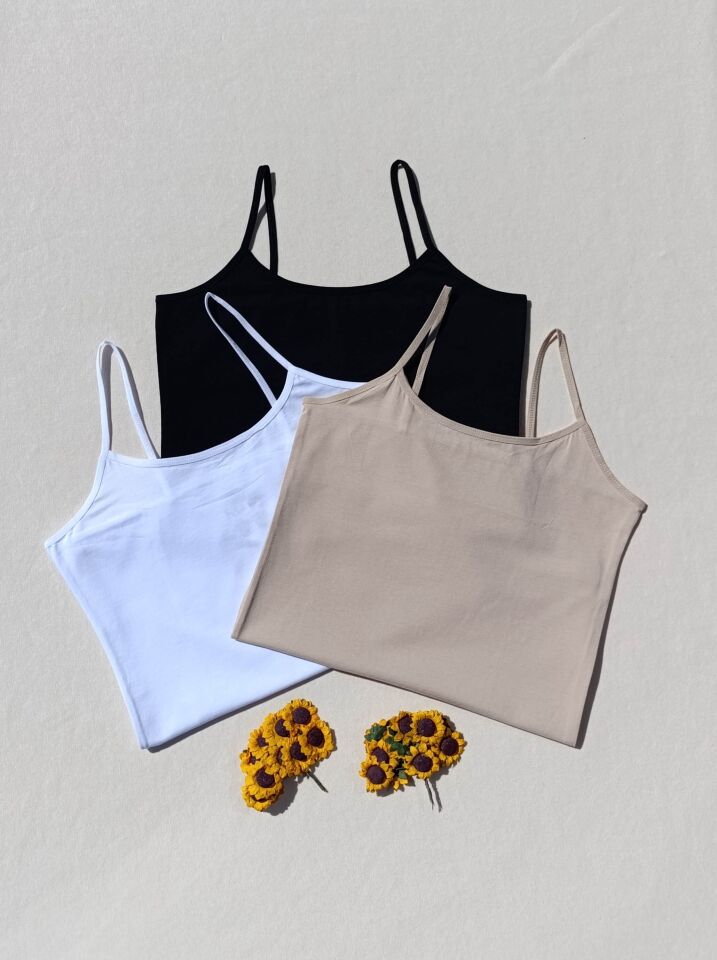 3'lü Basic İp Askı Likralı Siyah, Beyaz, Ten Rengi Kadın Atlet