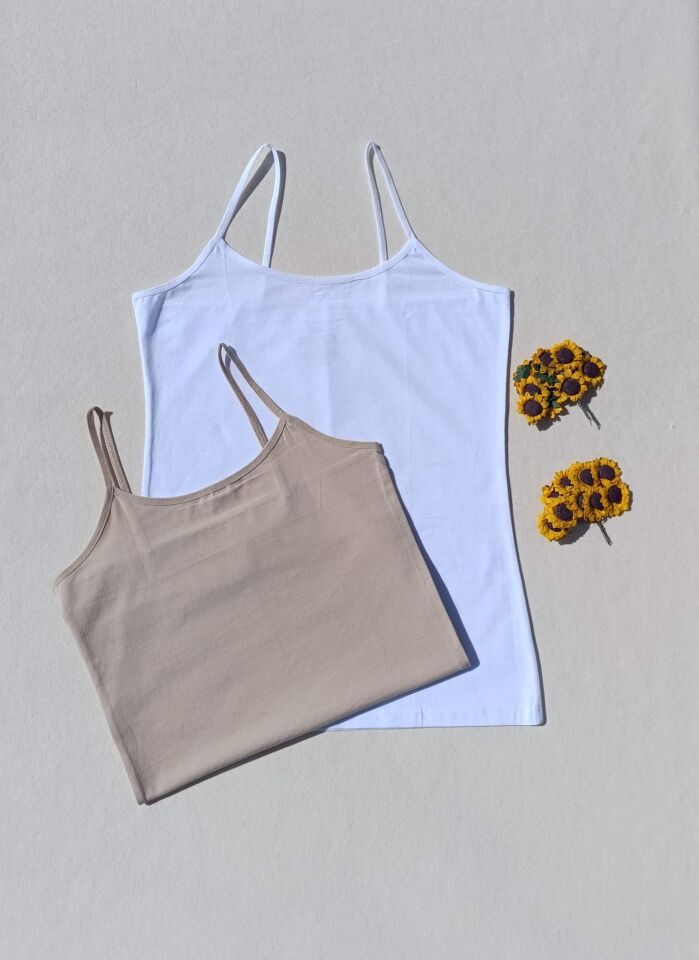 2'li Basic İp Askı Likralı Beyaz, Ten Rengi Kadın Atlet