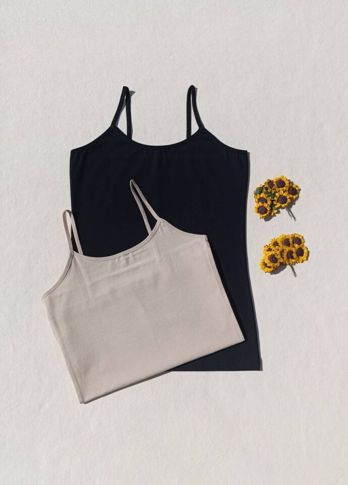 2'li Basic İp Askı Likralı Siyah, Ten Rengi Kadın Atlet