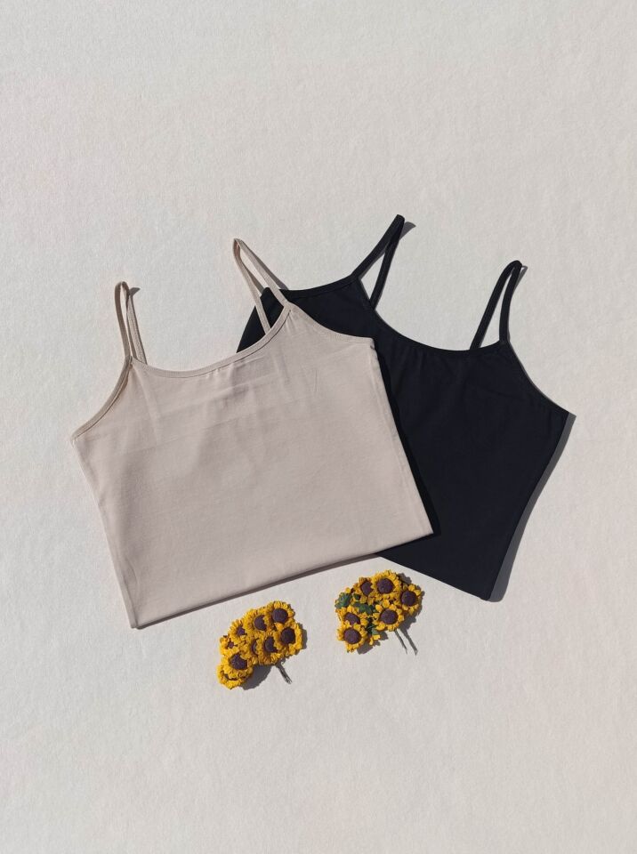 2'li Basic İp Askı Likralı Siyah, Ten Rengi Kadın Atlet