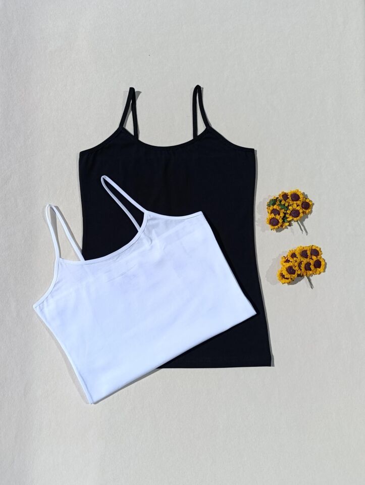 2'li Basic İp Askı Likralı Siyah, Beyaz Kadın Atlet