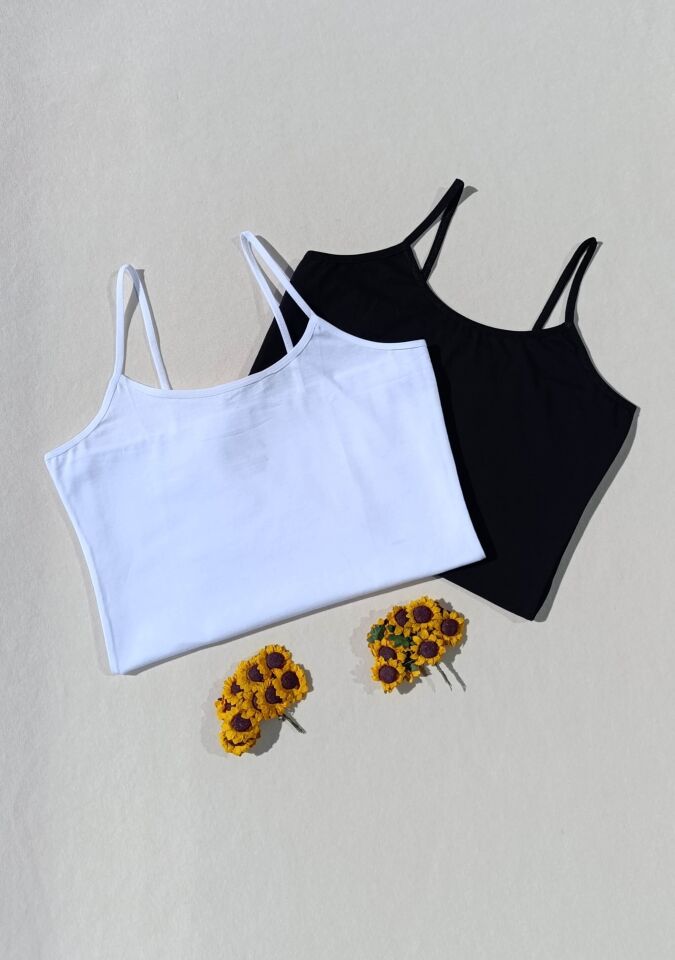 2'li Basic İp Askı Likralı Siyah, Beyaz Kadın Atlet