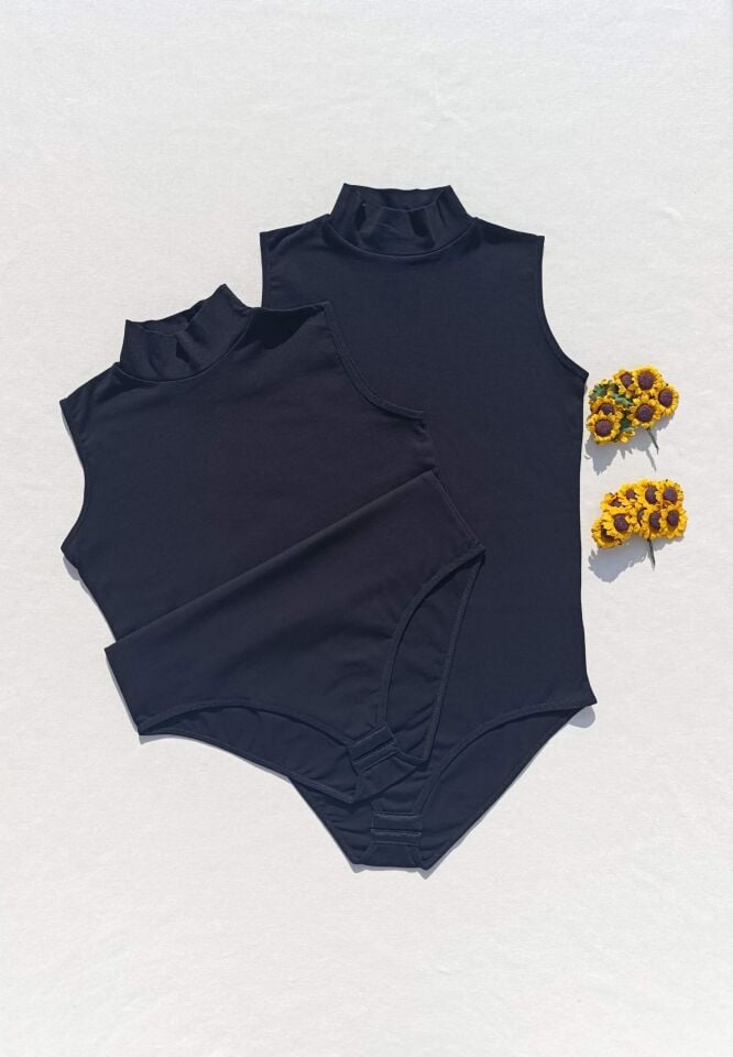 Sıfır Kol Balıkçı Yaka ÇıtÇıtlı Kadın Siyah 2 'li Atlet-Body