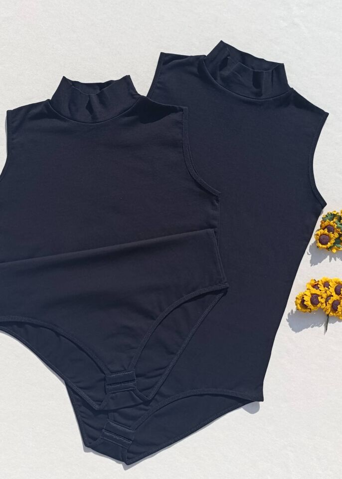 Sıfır Kol Balıkçı Yaka ÇıtÇıtlı Kadın Siyah 2 'li Atlet-Body