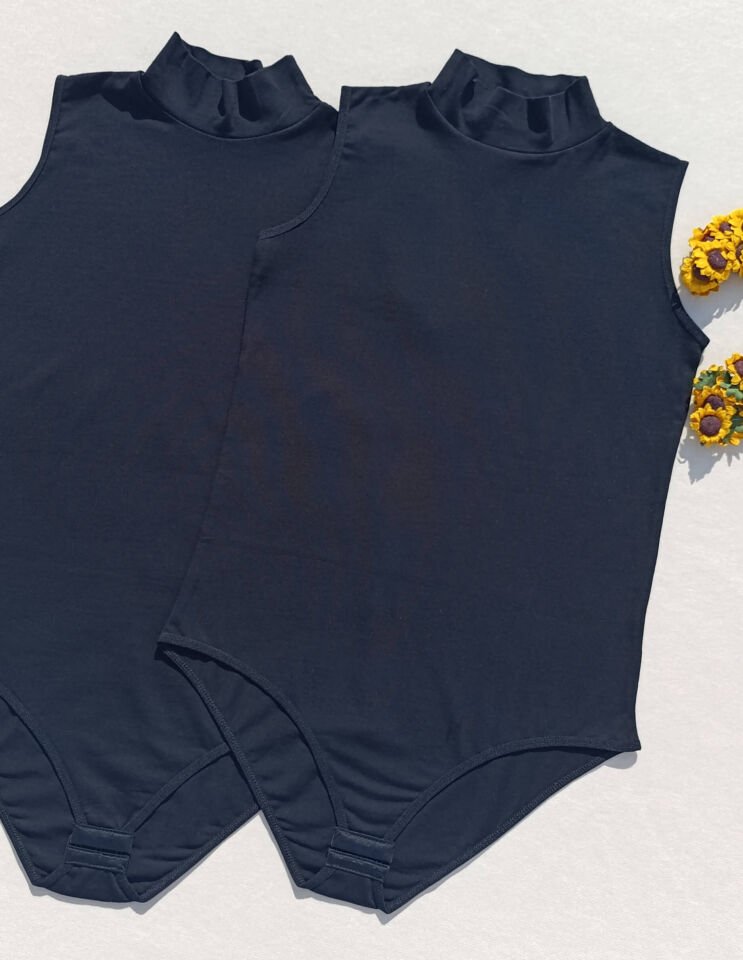 Sıfır Kol Balıkçı Yaka ÇıtÇıtlı Kadın Siyah 2 'li Atlet-Body