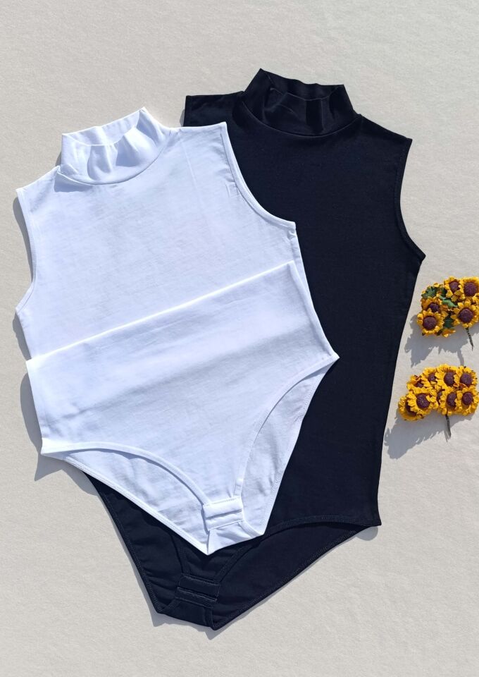 Sıfır Kol Balıkçı Yaka ÇıtÇıtlı Kadın Siyah, Beyaz 2 'li Atlet-Body