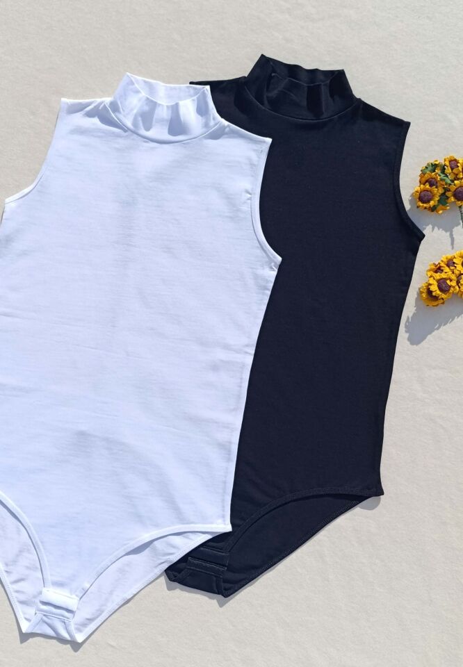 Sıfır Kol Balıkçı Yaka ÇıtÇıtlı Kadın Siyah, Beyaz 2 'li Atlet-Body