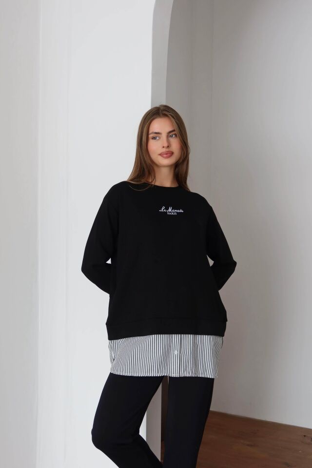 Gömlek Detaylı Bisiklet Yaka Sweatshirt