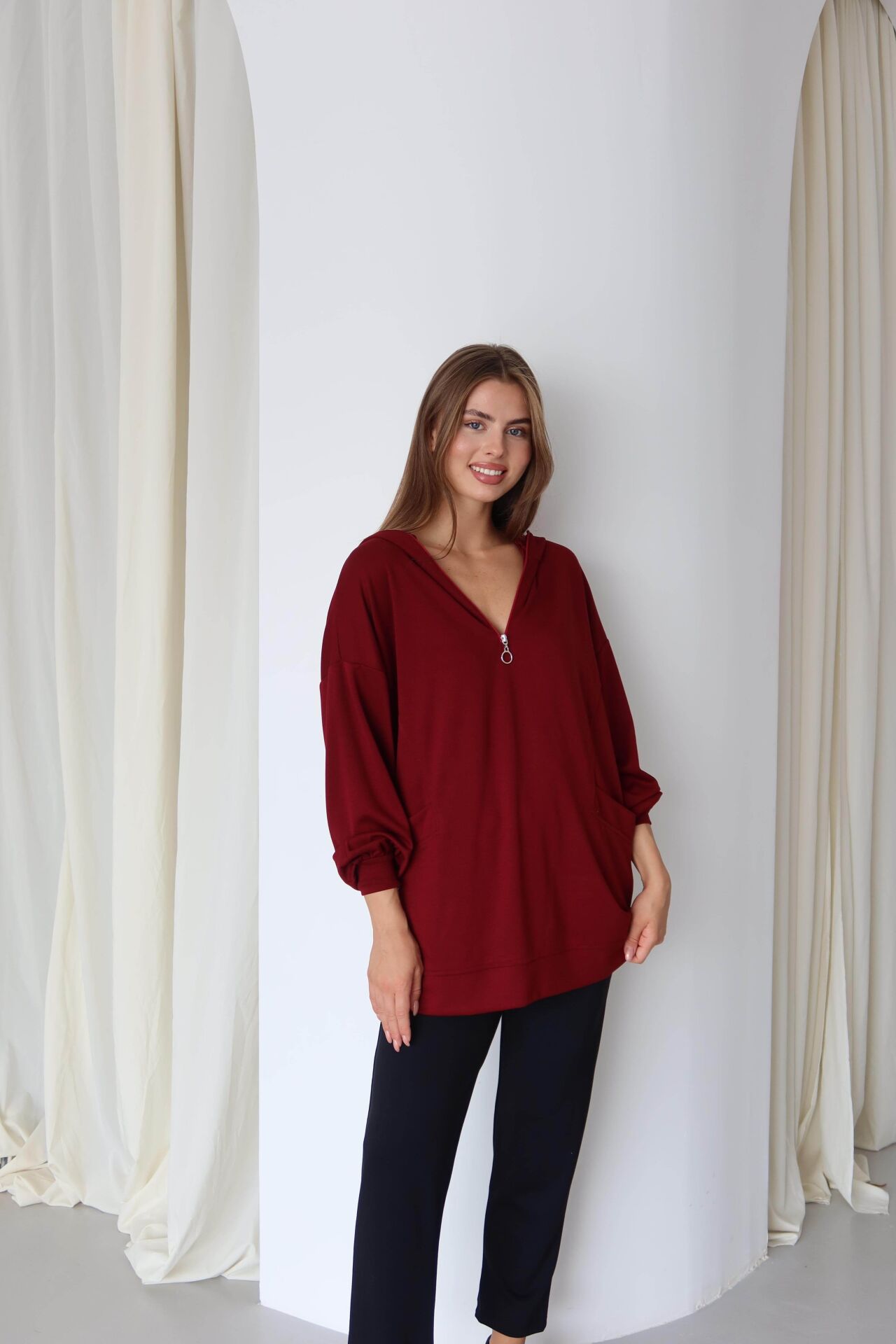 Fermuarlı Kapüşonlu Cepli Oversize  Sweatshirt