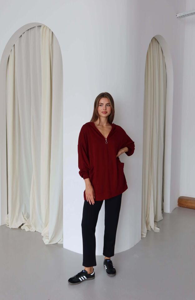 Fermuarlı Kapüşonlu Cepli Oversize  Sweatshirt