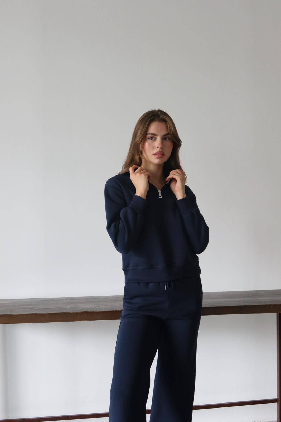 Kısa Lacivert Yarım Fermuarlı Sweatshirt