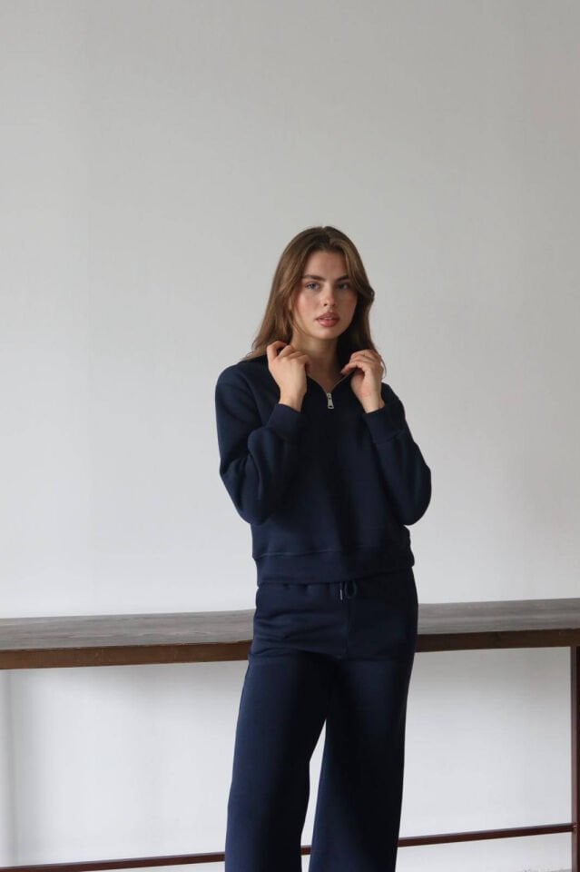 Kısa Lacivert Yarım Fermuarlı Sweatshirt