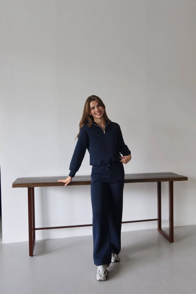 Kısa Lacivert Yarım Fermuarlı Sweatshirt