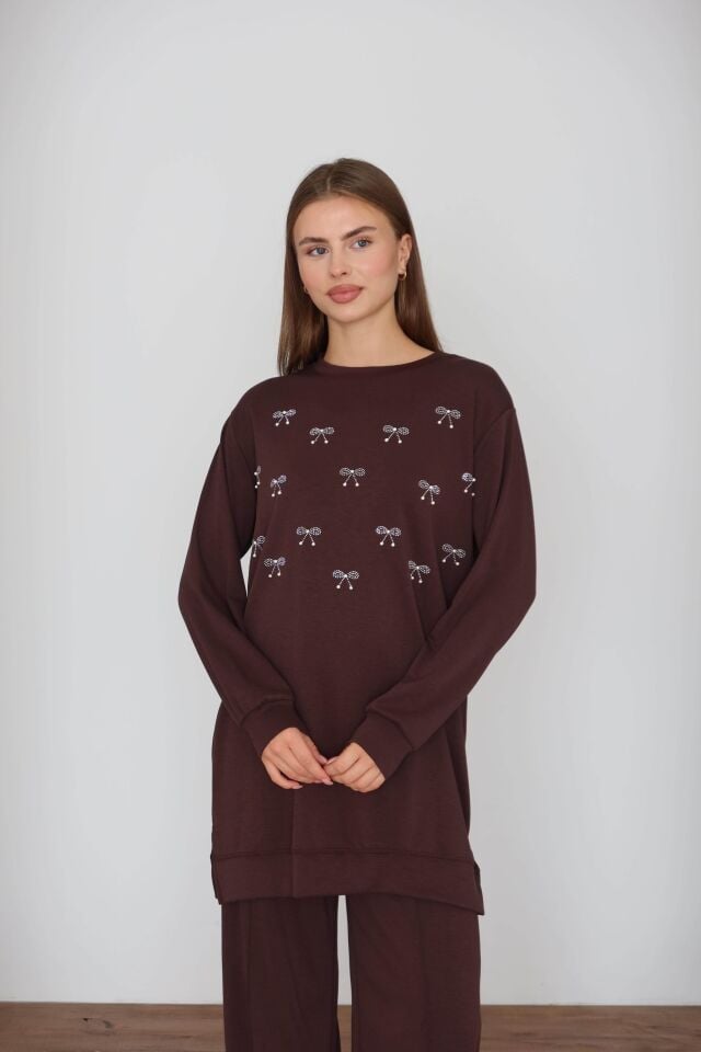 Bisiklet Yaka Rahat Kesim Taşlı Modal Tunik