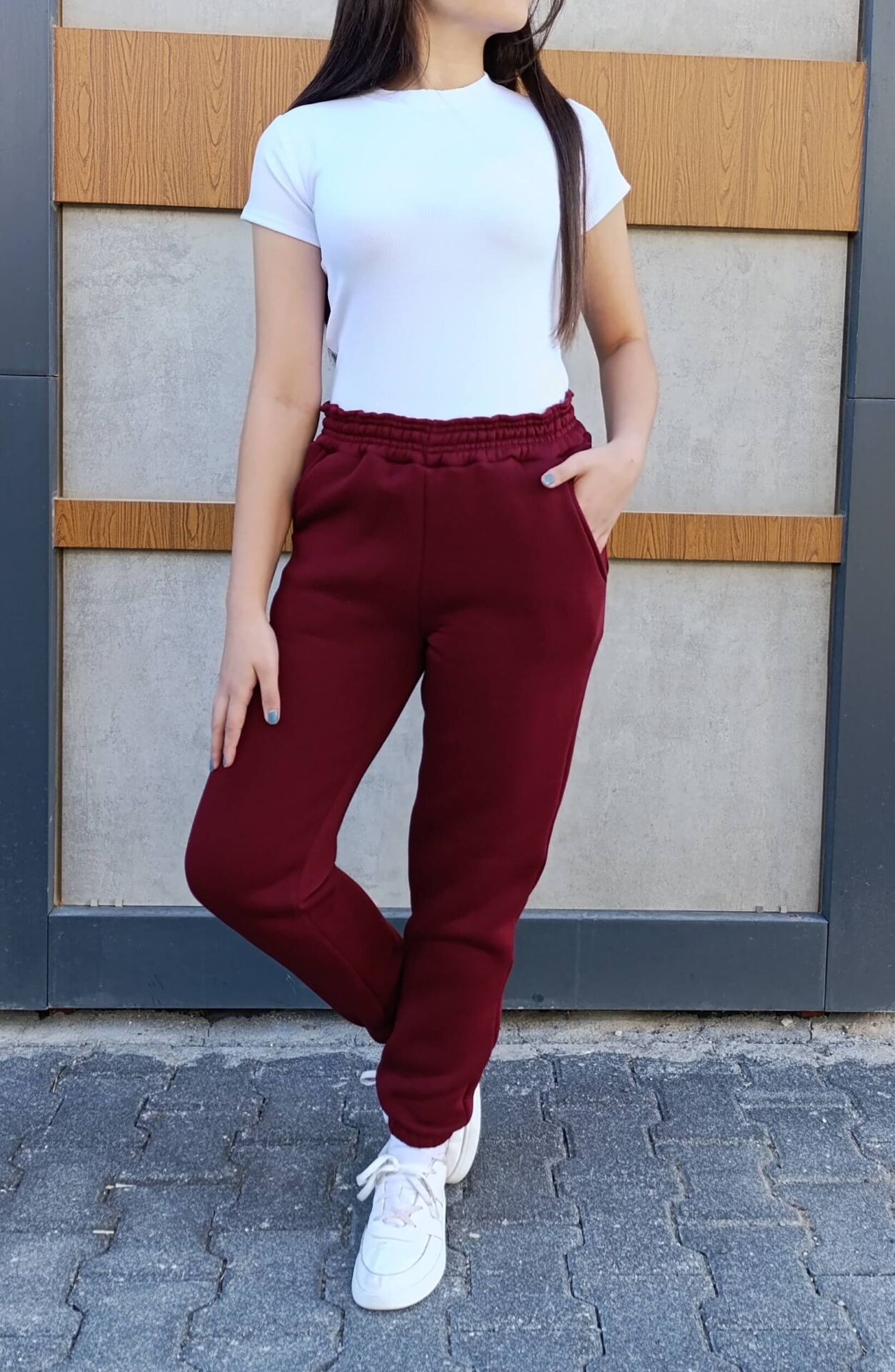 Yüksek Bel Paçası Lastikli 3 iplik Şardonlu Cepli Eşofman Altı