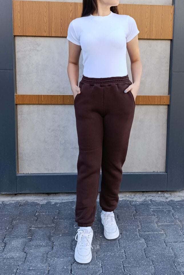 Yüksek Bel Paçası Lastikli 3 iplik Şardonlu Cepli Eşofman Altı