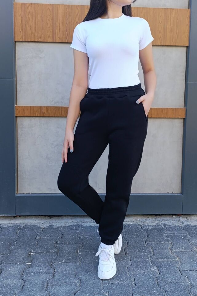 Yüksek Bel Paçası Lastikli 3 iplik Şardonlu Cepli Eşofman Altı