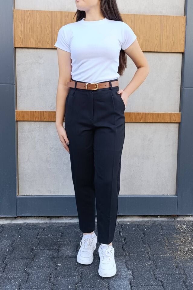 Kadın Dar Paça Pileli Kemerli Krep Kumaş Pantolon