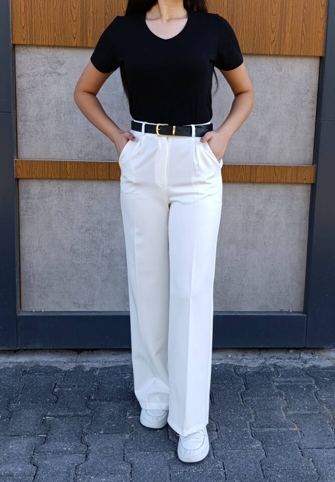 Kadın Deri Kemer Detaylı Pileli Yüksek Bel Krep Kumaş Rahat Kalıp Palazzo Pantolon