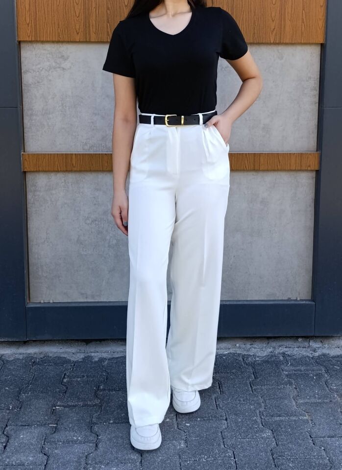 Kadın Deri Kemer Detaylı Pileli Yüksek Bel Krep Kumaş Rahat Kalıp Palazzo Pantolon