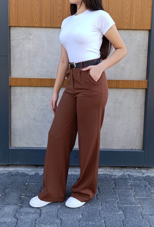 Kadın Deri Kemer Detaylı Pileli Yüksek Bel Krep Kumaş Rahat Kalıp Palazzo Pantolon