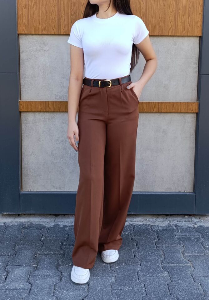 Kadın Deri Kemer Detaylı Pileli Yüksek Bel Krep Kumaş Rahat Kalıp Palazzo Pantolon