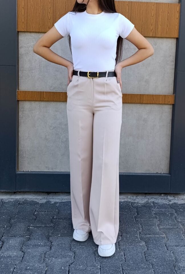 Kadın Deri Kemer Detaylı Pileli Yüksek Bel Krep Kumaş Rahat Kalıp Palazzo Pantolon