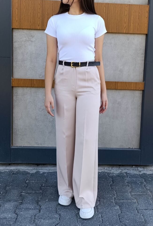 Kadın Deri Kemer Detaylı Pileli Yüksek Bel Krep Kumaş Rahat Kalıp Palazzo Pantolon