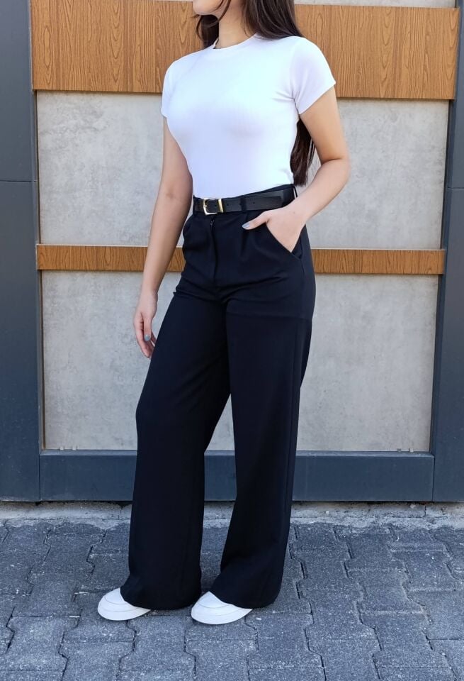 Kadın Deri Kemer Detaylı Pileli Yüksek Bel Krep Kumaş Rahat Kalıp Palazzo Pantolon