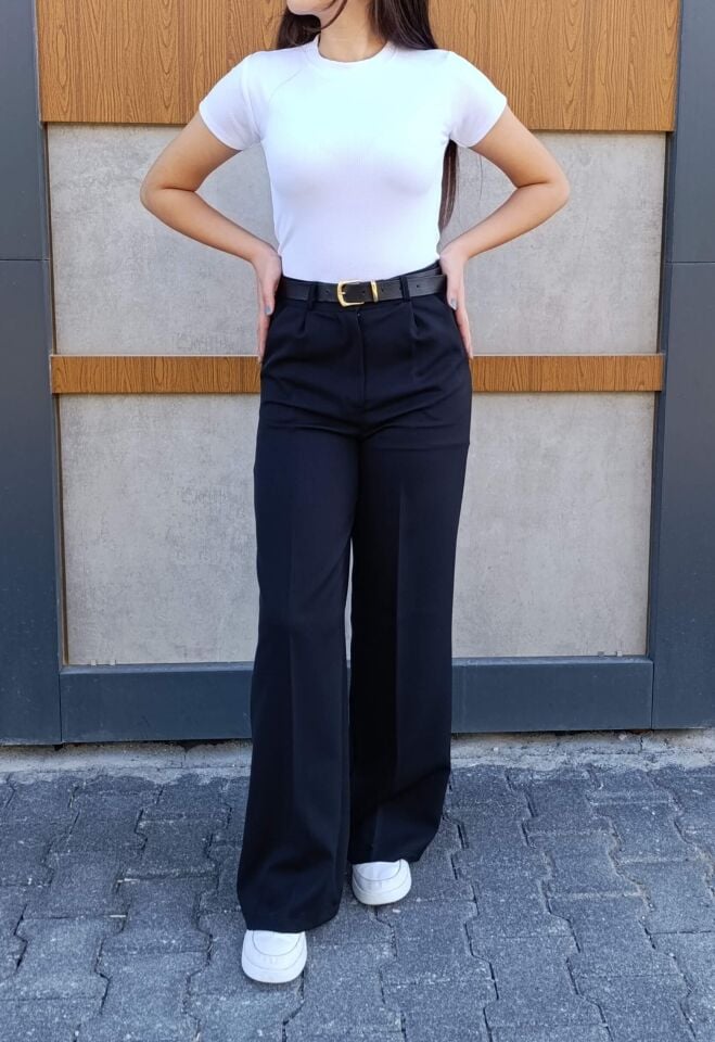 Kadın Deri Kemer Detaylı Pileli Yüksek Bel Krep Kumaş Rahat Kalıp Palazzo Pantolon