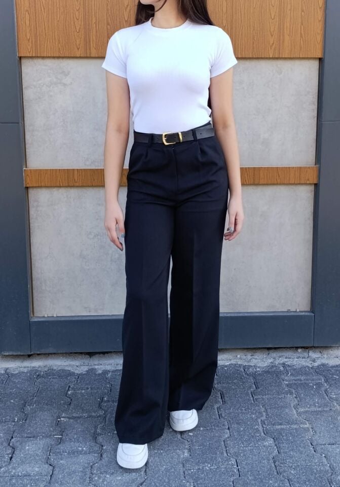 Kadın Deri Kemer Detaylı Pileli Yüksek Bel Krep Kumaş Rahat Kalıp Palazzo Pantolon