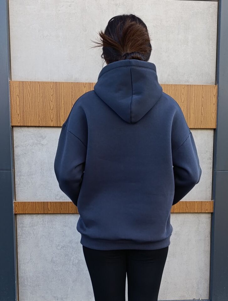 Kapşonlu Kanguru Cep 3 İplik İçi Polarlı Düz Kalın Basic Sweatshirt