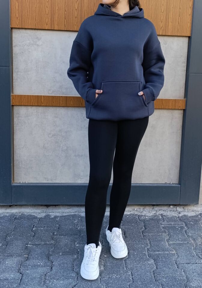 Kapşonlu Kanguru Cep 3 İplik İçi Polarlı Düz Kalın Basic Sweatshirt