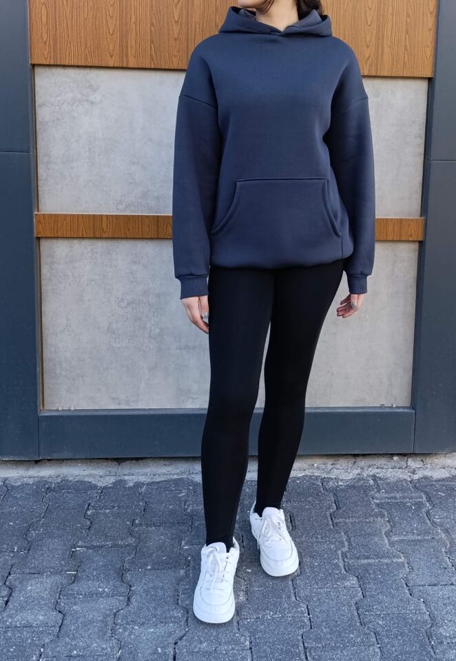 Kapşonlu Kanguru Cep 3 İplik İçi Polarlı Düz Kalın Basic Sweatshirt