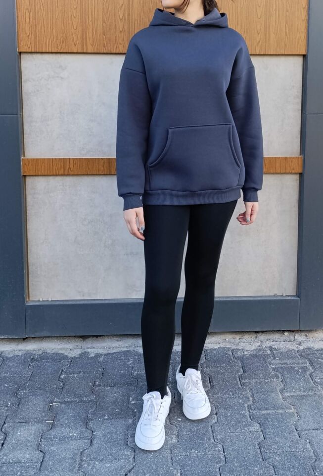 Kapşonlu Kanguru Cep 3 İplik İçi Polarlı Düz Kalın Basic Sweatshirt