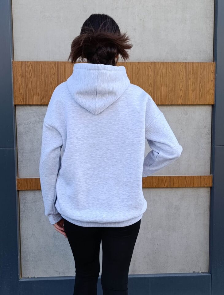 Kapşonlu Kanguru Cep 3 İplik İçi Polarlı Düz Kalın Basic Sweatshirt