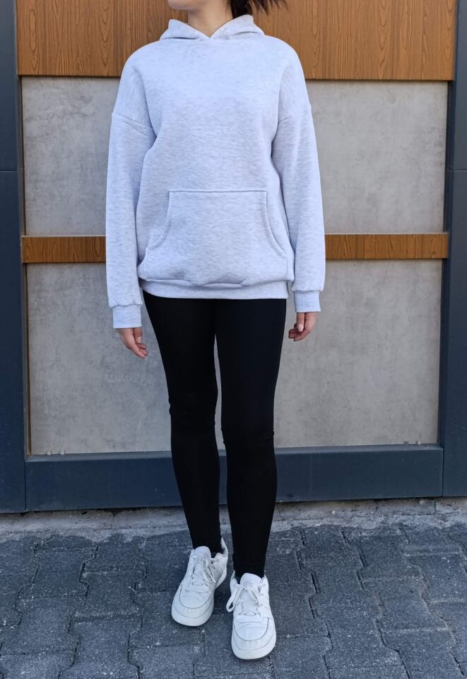 Kapşonlu Kanguru Cep 3 İplik İçi Polarlı Düz Kalın Basic Sweatshirt