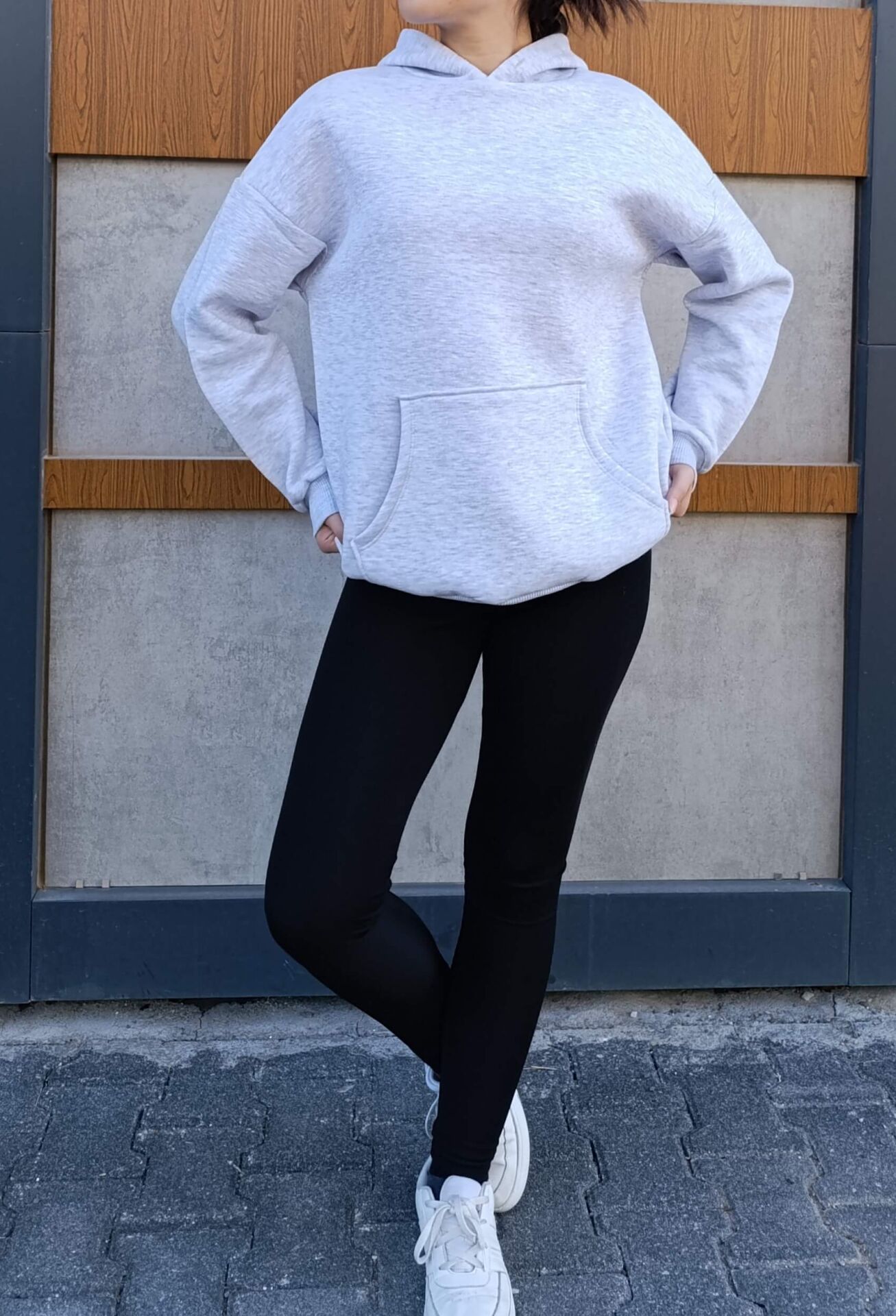 Kapşonlu Kanguru Cep 3 İplik İçi Polarlı Düz Kalın Basic Sweatshirt