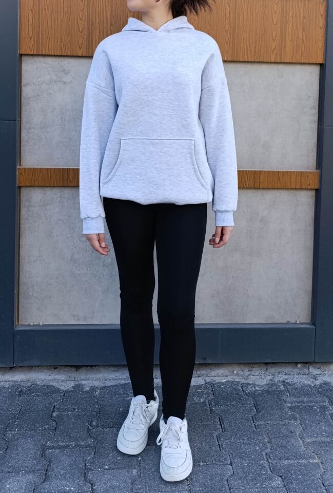 Kapşonlu Kanguru Cep 3 İplik İçi Polarlı Düz Kalın Basic Sweatshirt