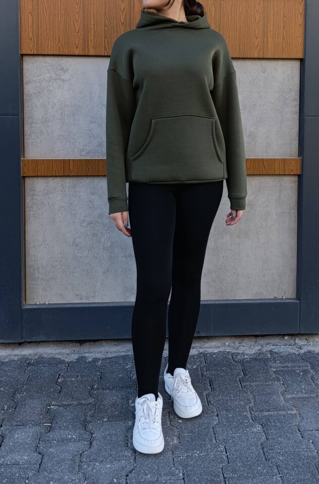 Kapşonlu Kanguru Cep 3 İplik İçi Polarlı Düz Kalın Basic Sweatshirt