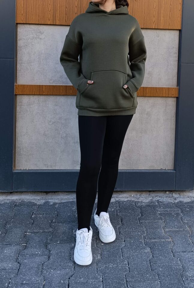 Kapşonlu Kanguru Cep 3 İplik İçi Polarlı Düz Kalın Basic Sweatshirt