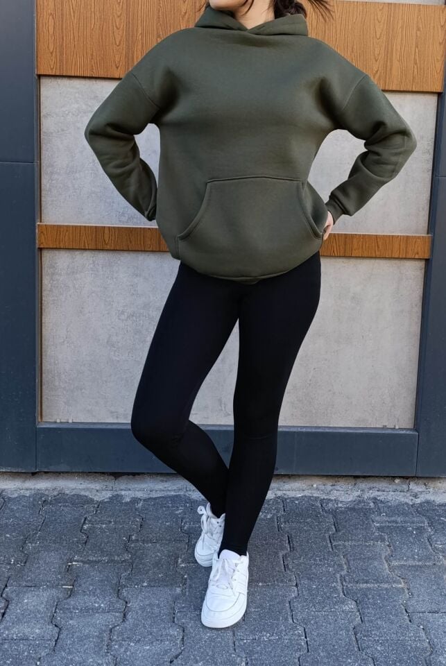 Kapşonlu Kanguru Cep 3 İplik İçi Polarlı Düz Kalın Basic Sweatshirt