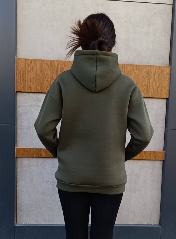 Kapşonlu Kanguru Cep 3 İplik İçi Polarlı Düz Kalın Basic Sweatshirt