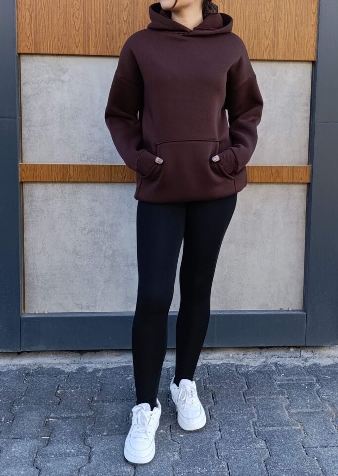 Kapşonlu Kanguru Cep 3 İplik İçi Polarlı Düz Kalın Basic Sweatshirt