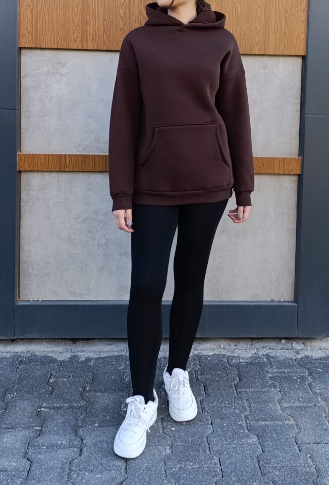 Kapşonlu Kanguru Cep 3 İplik İçi Polarlı Düz Kalın Basic Sweatshirt