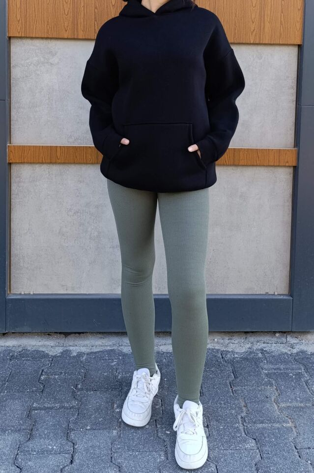 Kapşonlu Kanguru Cep 3 İplik İçi Polarlı Düz Kalın Basic Sweatshirt